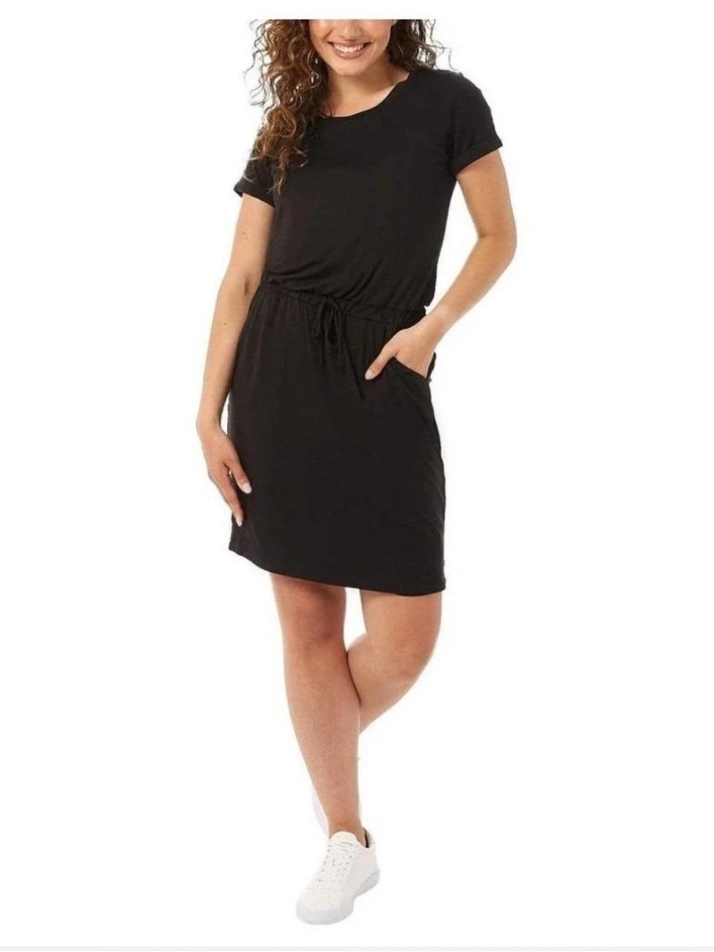 BE COOL Black Short Sleeve Midi Dress with Drawstring Waist